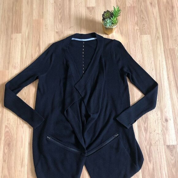 Lululemon Ribbed Knit Draped Open Front Cardigan Sweater Black - Picture 3 of 8